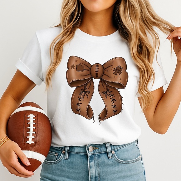 🏈 Coquette Football T-shirt 3d faux leather bow S M L XL new Game day - Picture 3 of 8